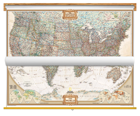 Antique Tones US and World Map Classroom Pull Down 2 Map Bundle